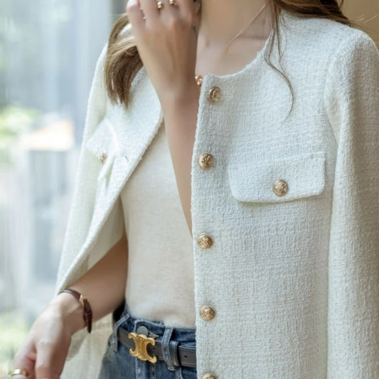 Casaco Feminino Tweed com Botões Dourados