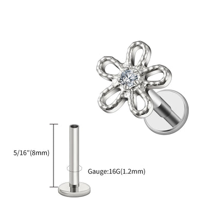 Piercing Feminino em Titânio com Flor Cravejada em Zircônia, Delicado e Sofisticado