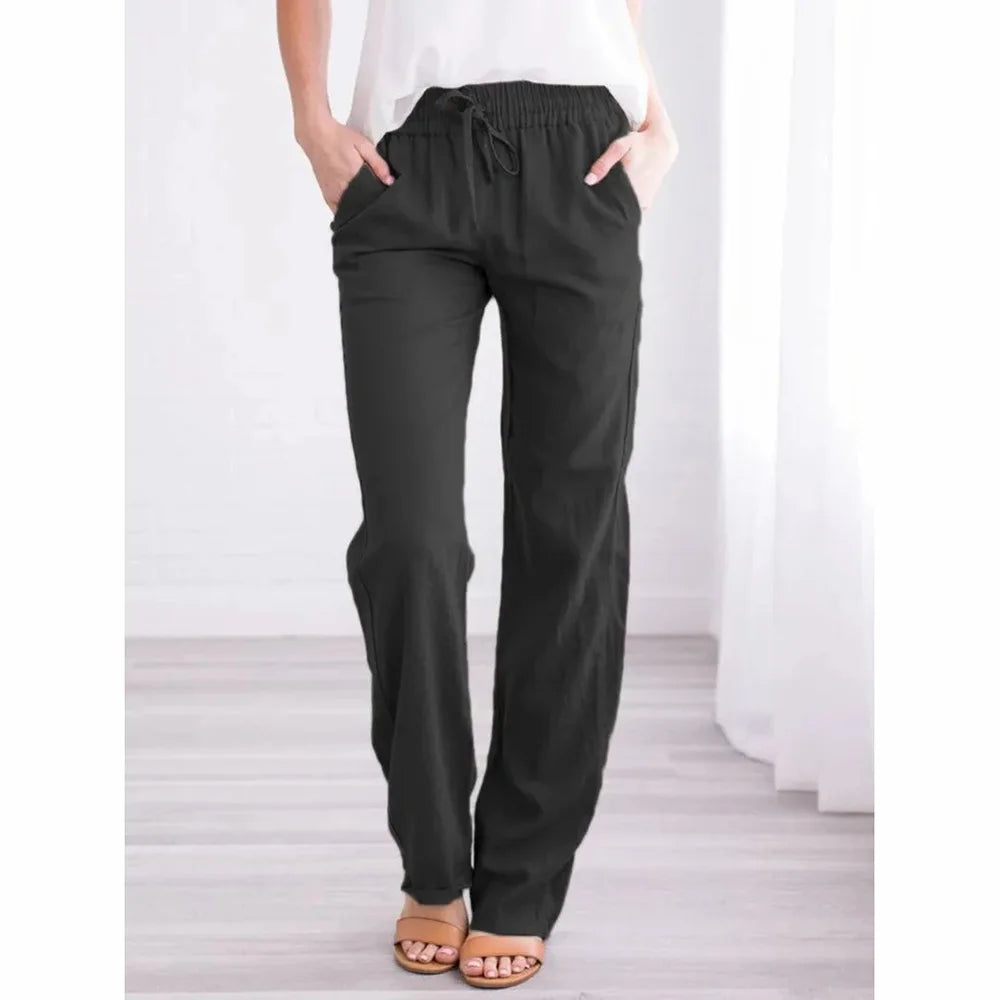 Calça Feminina de Algodão e Linho com Cordão Ajustável e Modelagem Solta