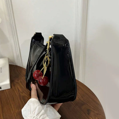 Bolsa Feminina de Ombro em Couro PU com Pingente de Cereja Casual