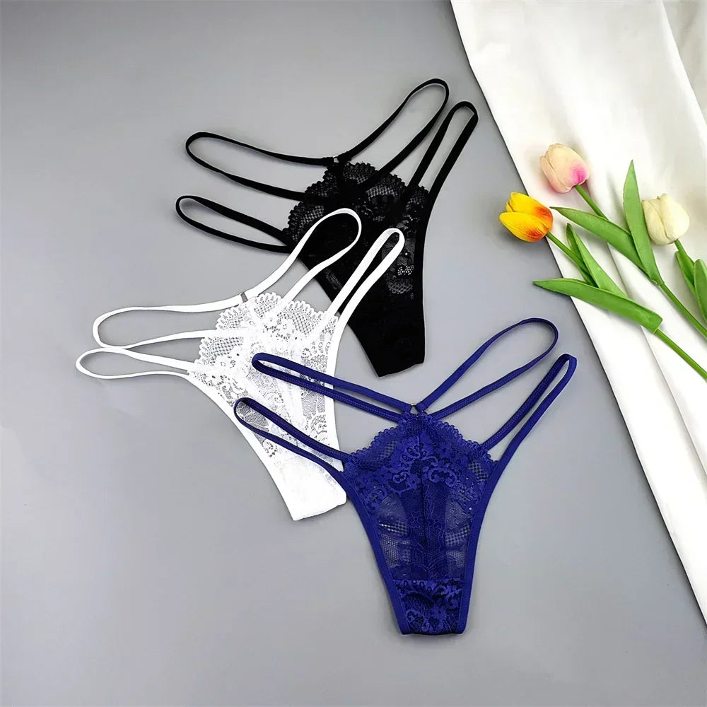 Kit 3 Calcinhas Fio Dental Femininas com Renda Transparente e Cintura Baixa