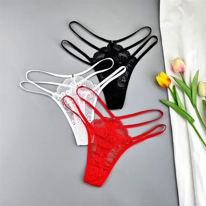 Kit 3 Calcinhas Fio Dental Femininas com Renda Transparente e Cintura Baixa