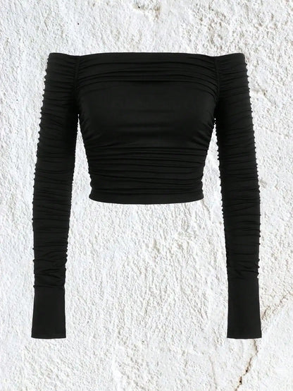 Blusa Feminina Slim Manga Longa com Recorte no Ombro