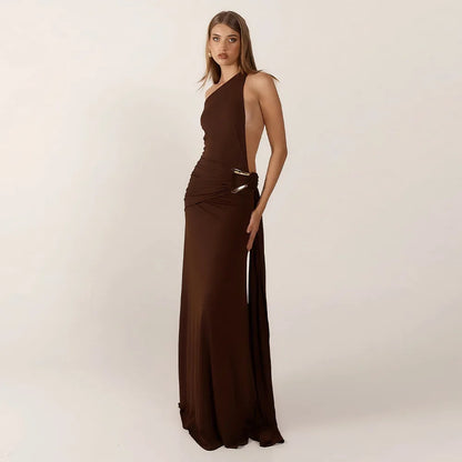 Vestido Longo Feminino Um Ombro Costas Abertas Drapeado com Fivela Metálica