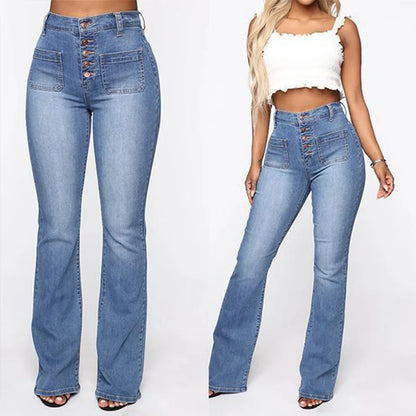 Calça Jeans Feminina Cintura Alta com Lavagem Estonada e Bolsos com Aba