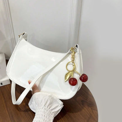 Bolsa Feminina de Ombro em Couro PU com Pingente de Cereja Casual