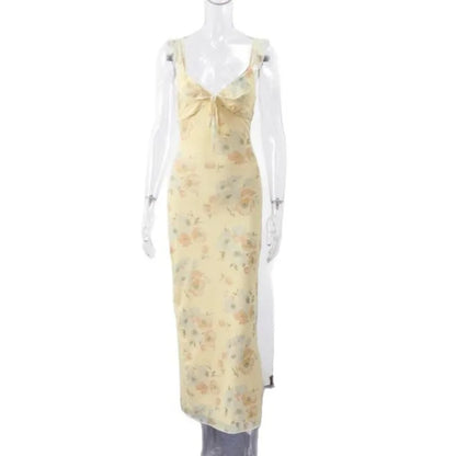 Vestido Feminino Longo Floral com Alças Finas, Decote Profundo e Costas Abertas