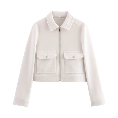 Jaqueta Feminina de Inverno com Zíper e Bolsos, Estilo Curto e Elegante